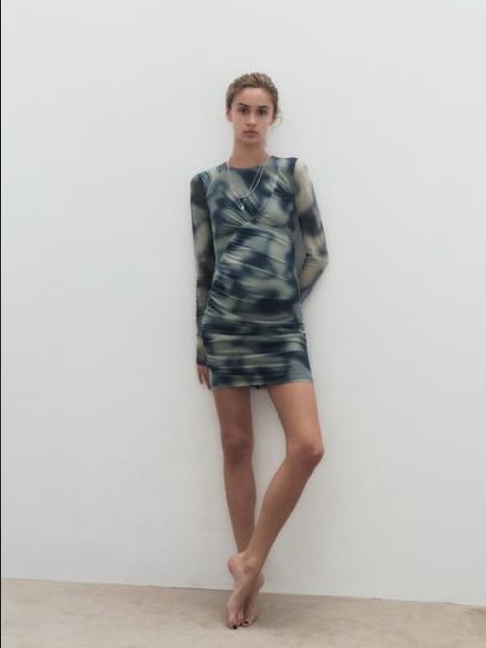 Zara Sheer Tulle Long-Sleeve Tie-Dye Bodycon Mini Dress - Gray Blue